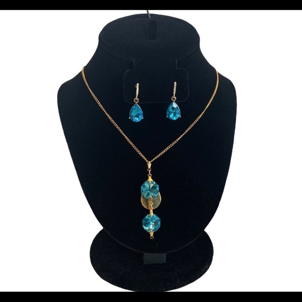 Blue gold necklace earring set wedding prom bridesmaid